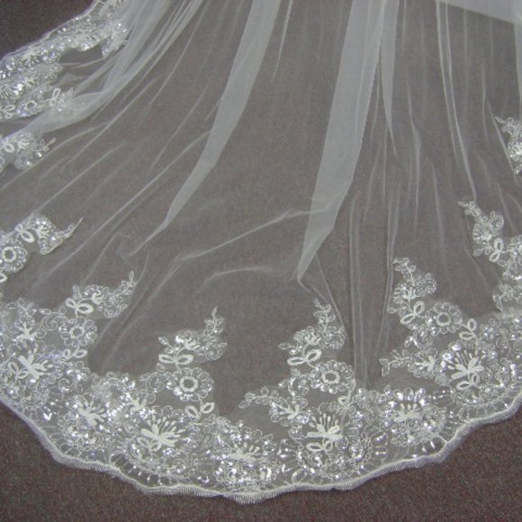 White sheer floral lace silver sequin long Cathedral Veil with scallopped edge - Picture 2 of 6